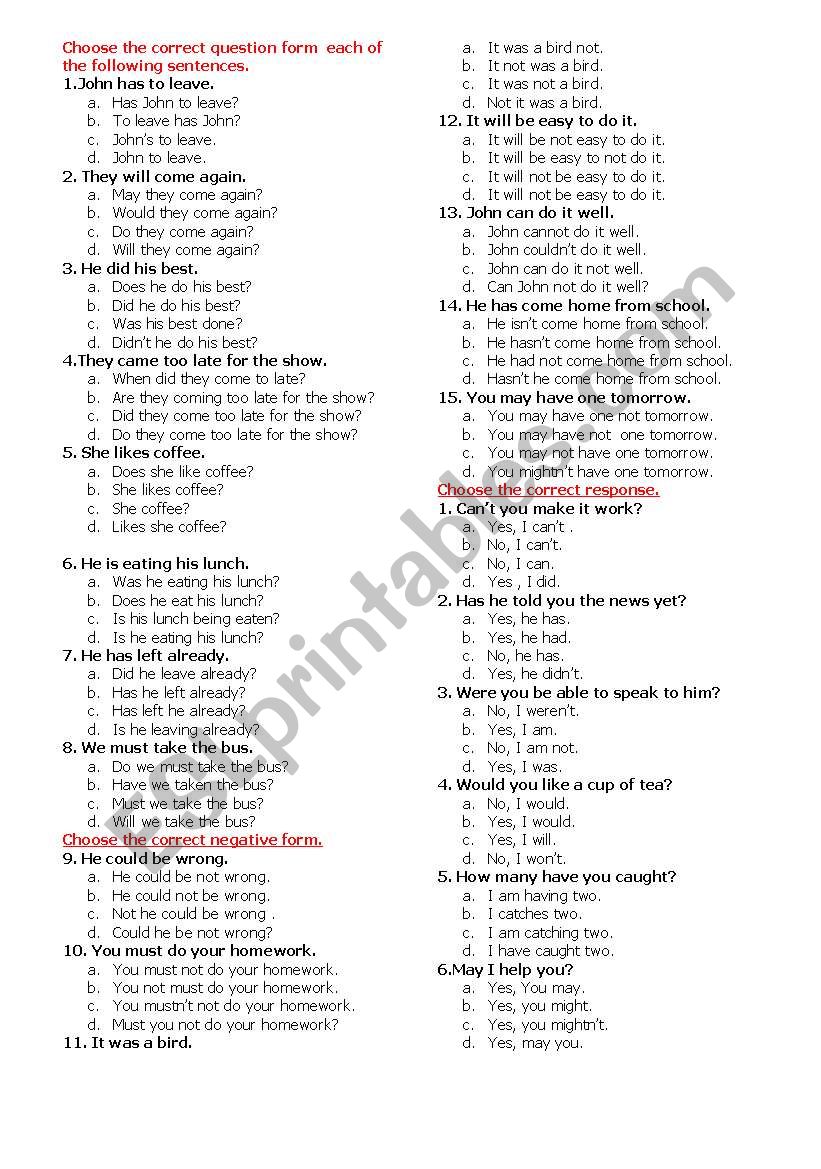Word question test worksheet