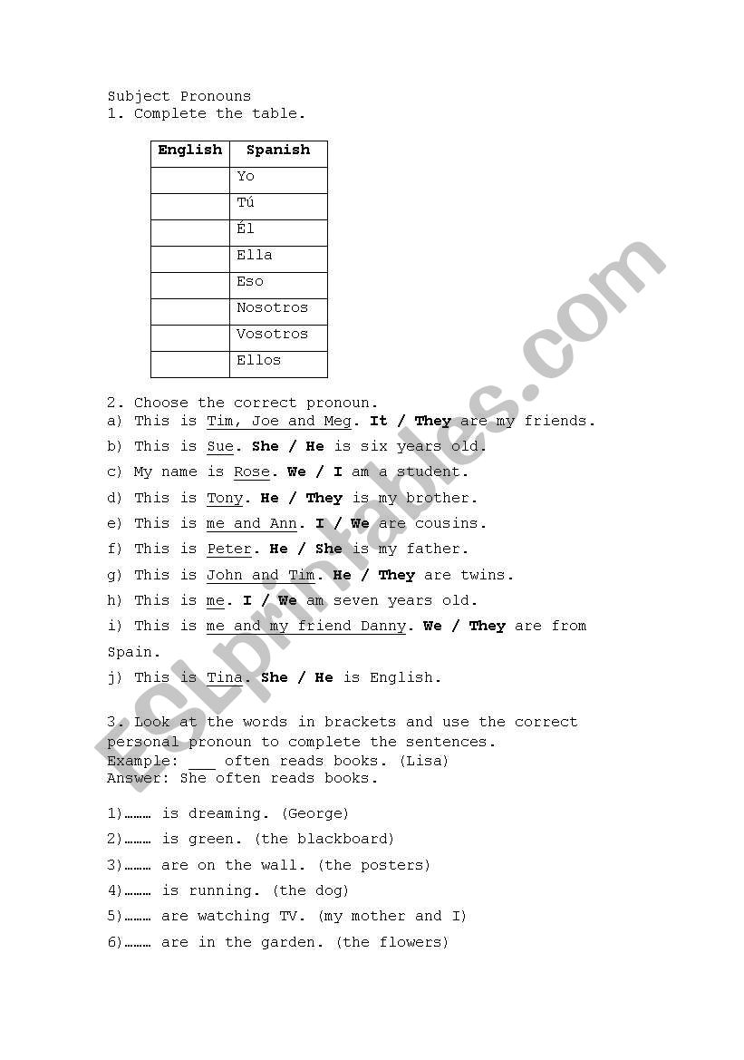 More subject pronouns worksheet