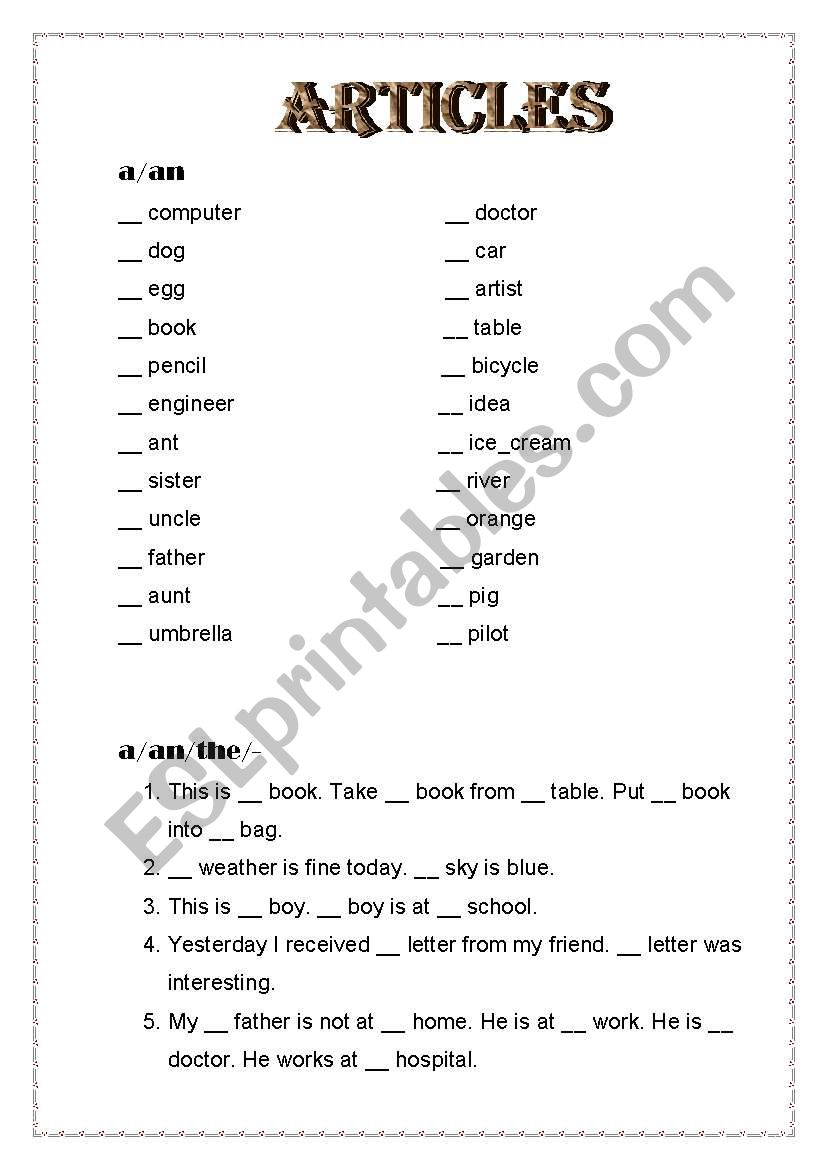 Articles worksheet