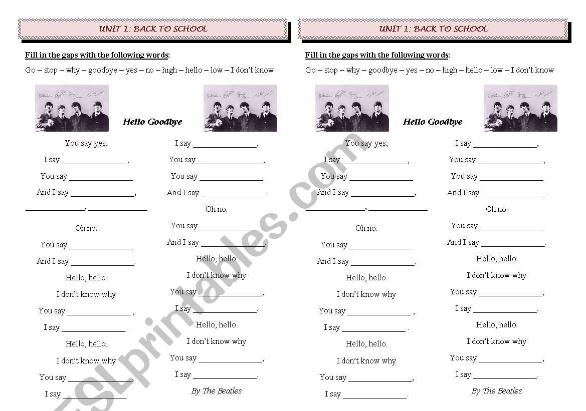 Hello Goodbye Beatles worksheet