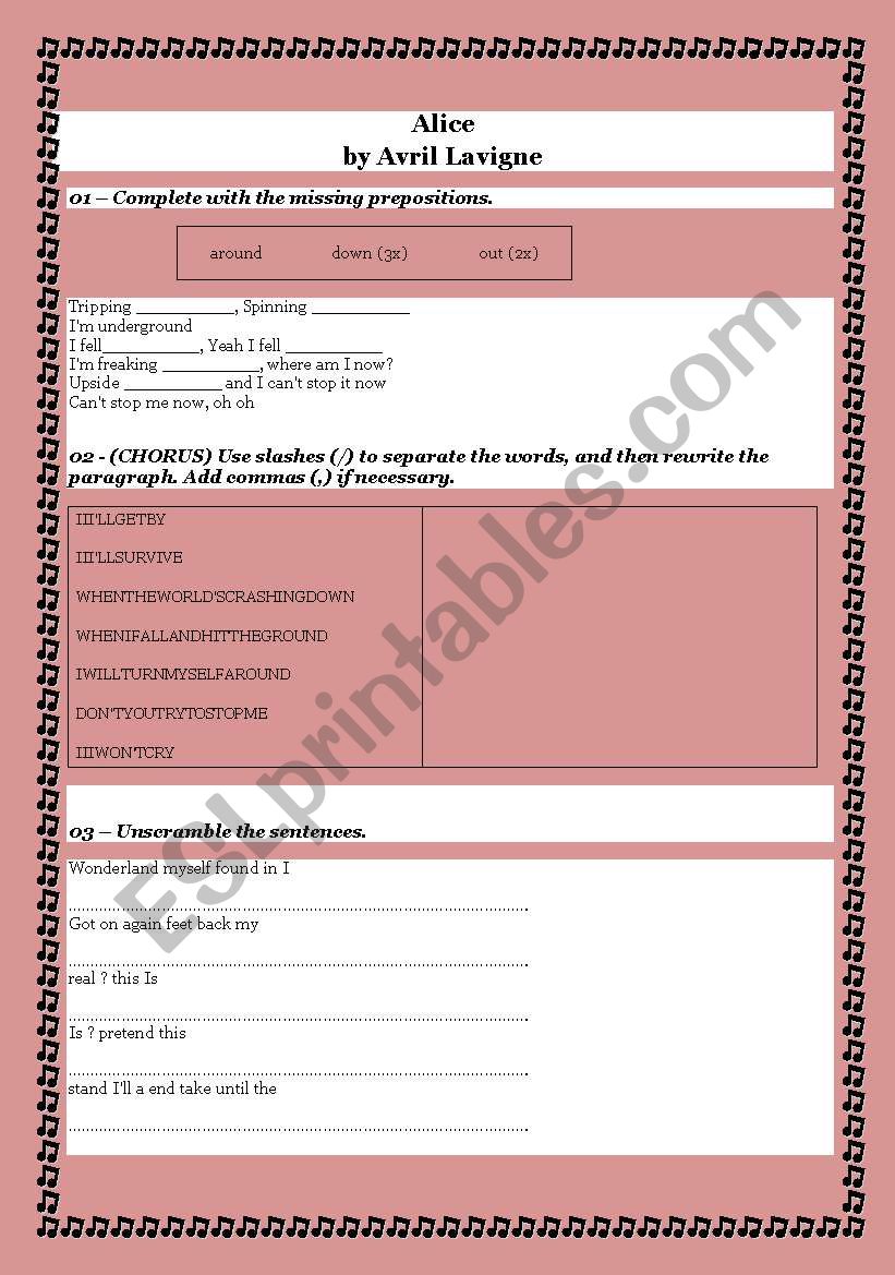 Song - Alice worksheet