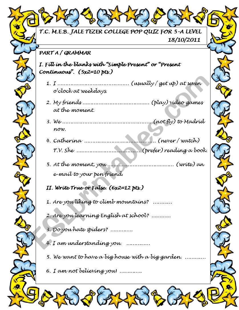 quiz for elementary students worksheet