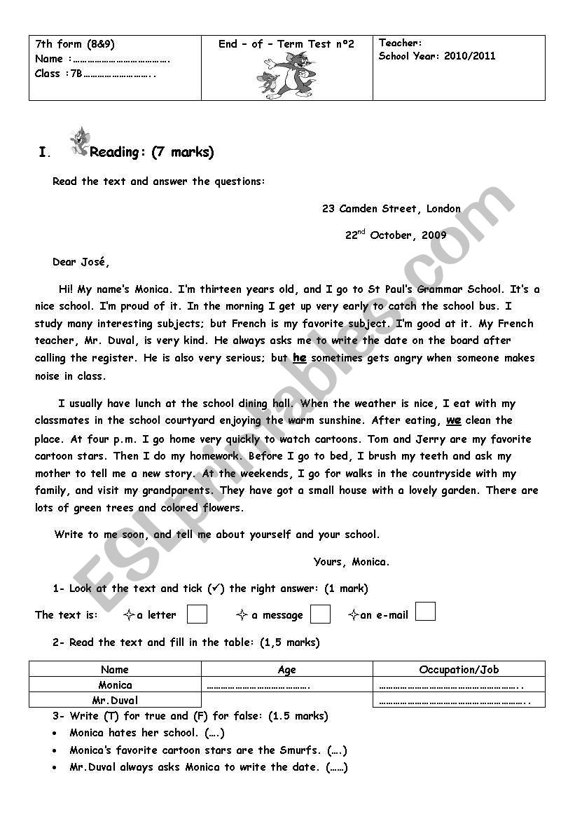 7th form end of term test3 worksheet