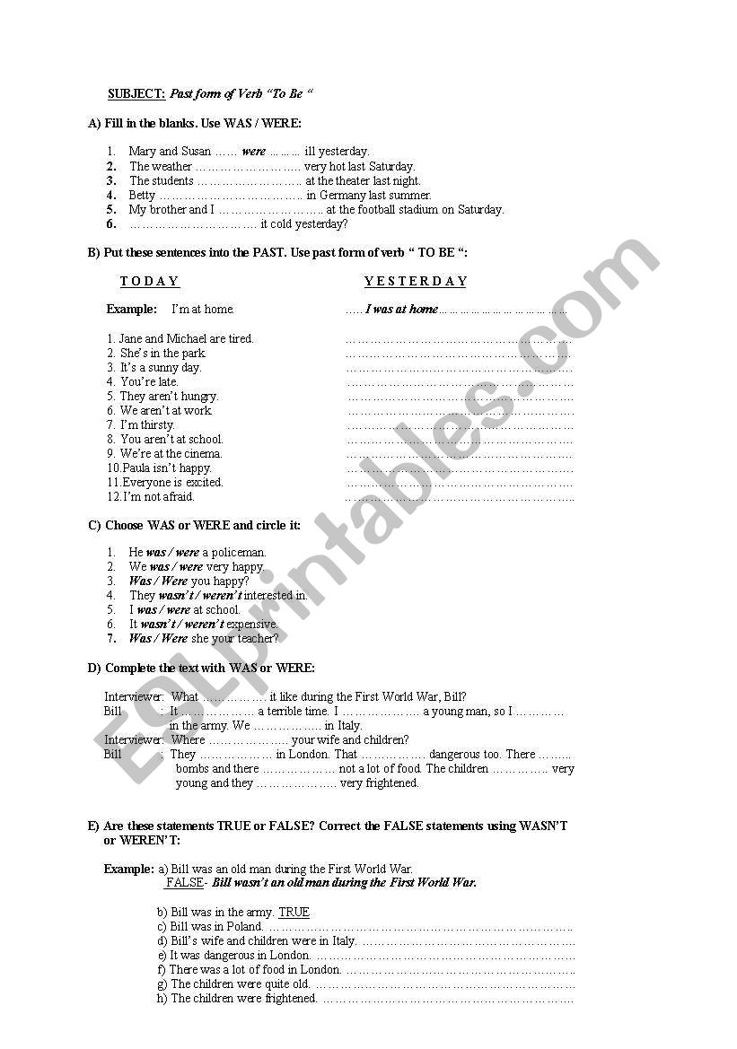 Past forms of to be esl worksheet by proing