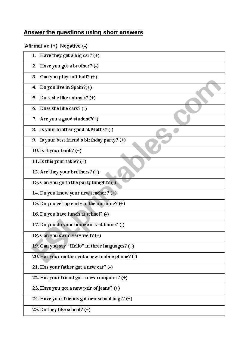 Short answers worksheet