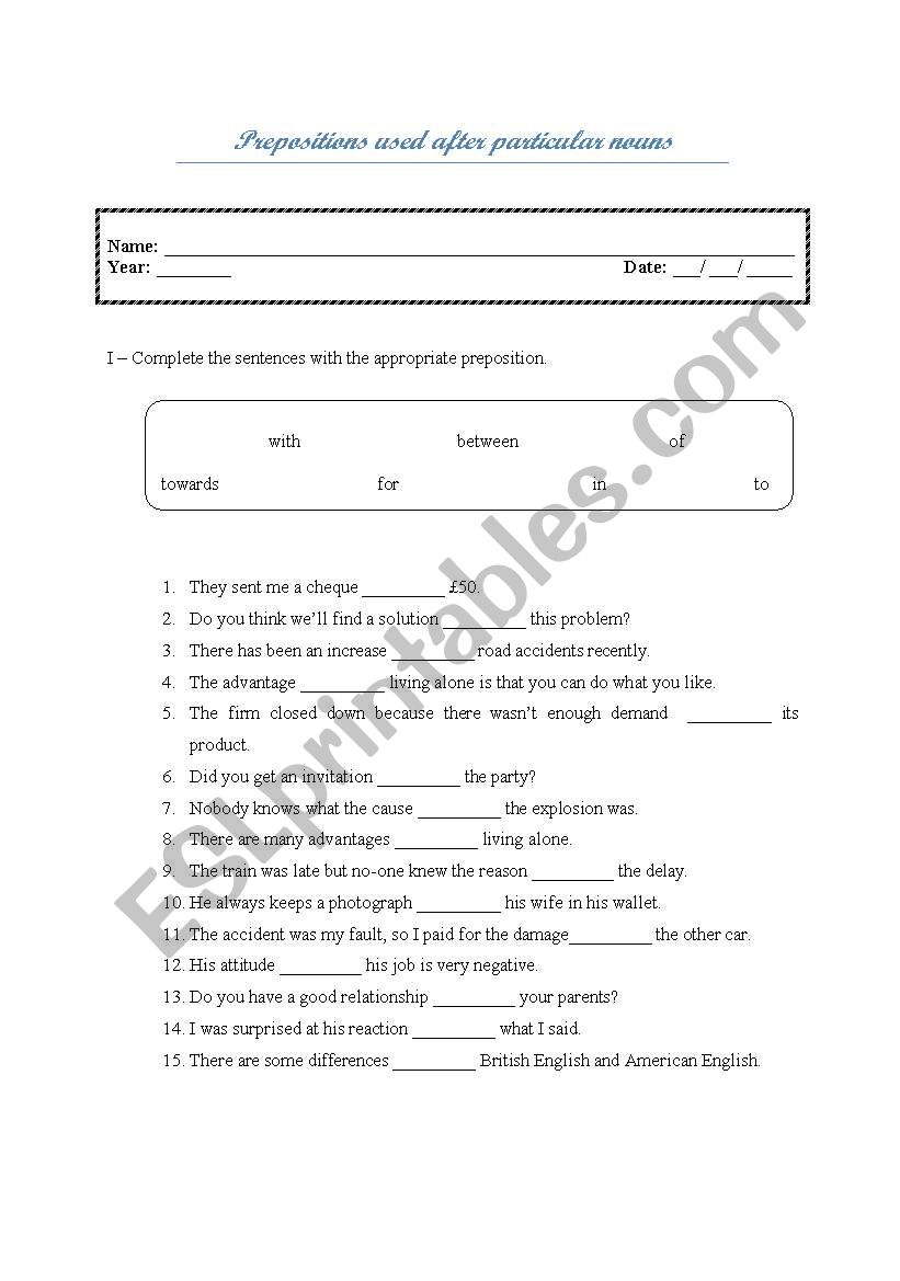 Prepositions and Nouns worksheet