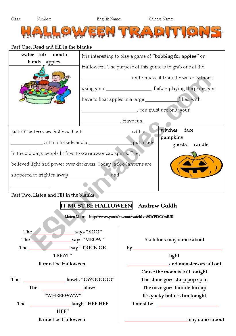 halloween traditions and song worksheet