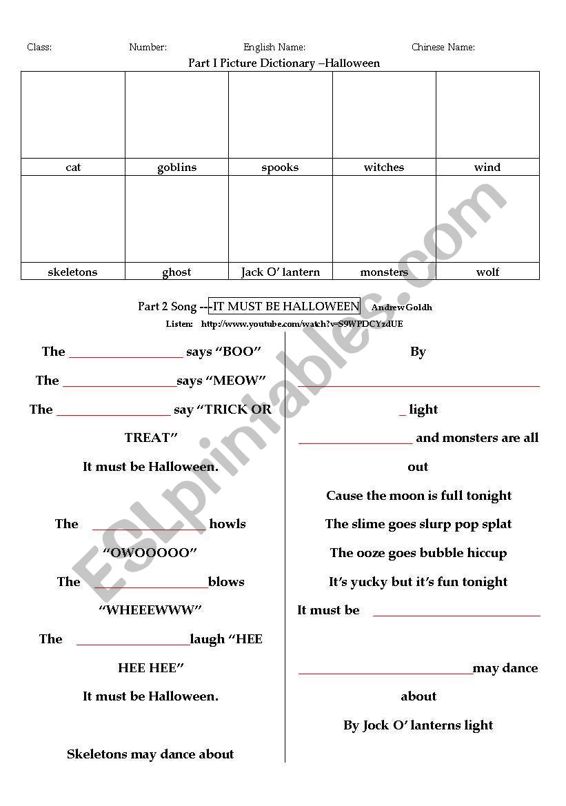 song it must be halloween  worksheet