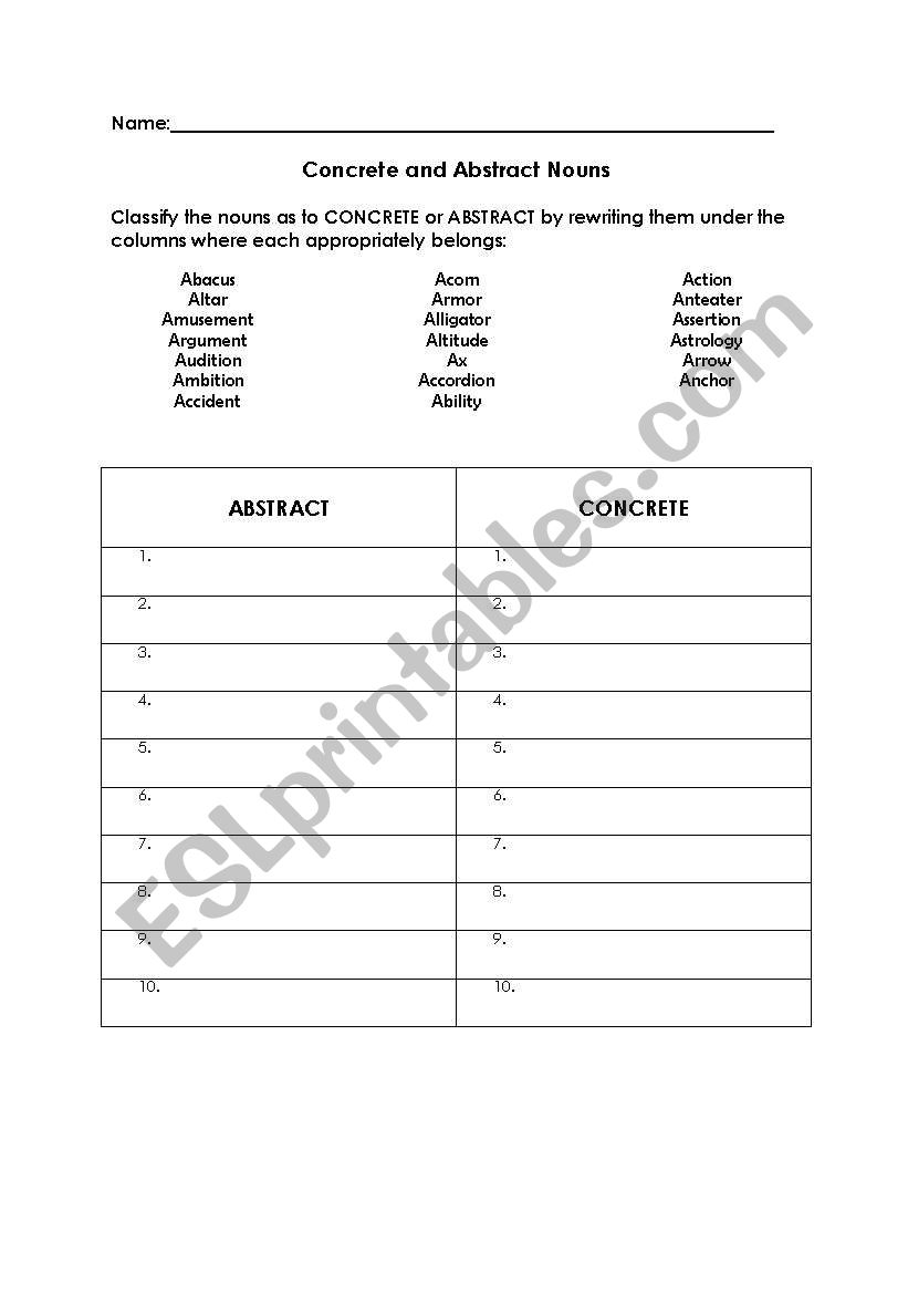 English worksheets: Concrete and Abstract Nouns Within Concrete And Abstract Nouns Worksheet