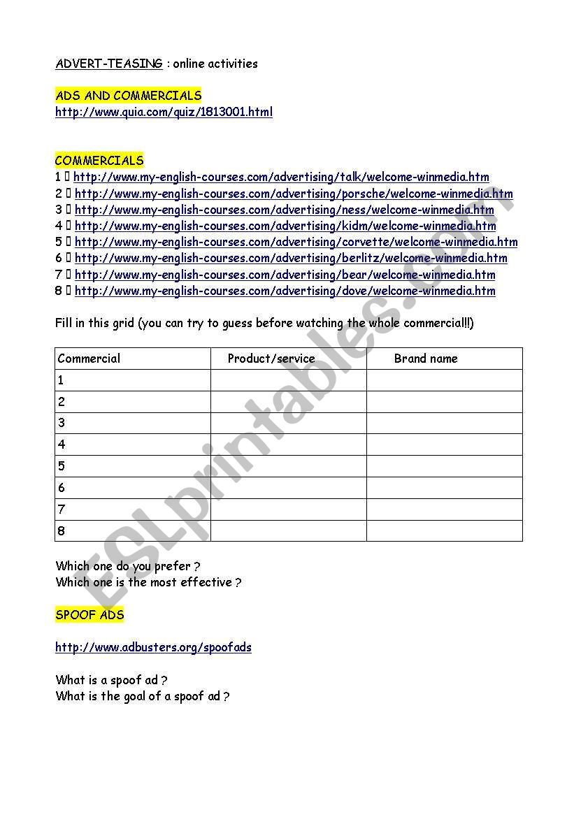 Advertising webquest worksheet