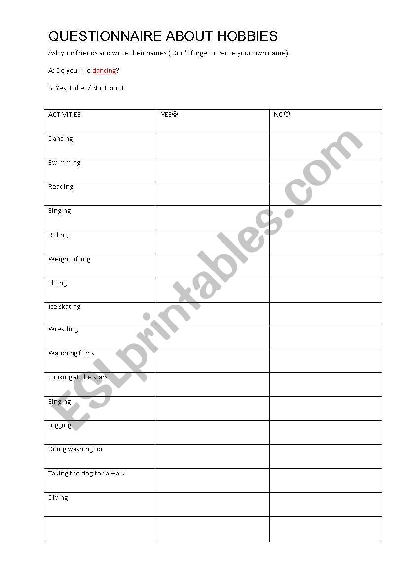 questionnaire about hobbies worksheet