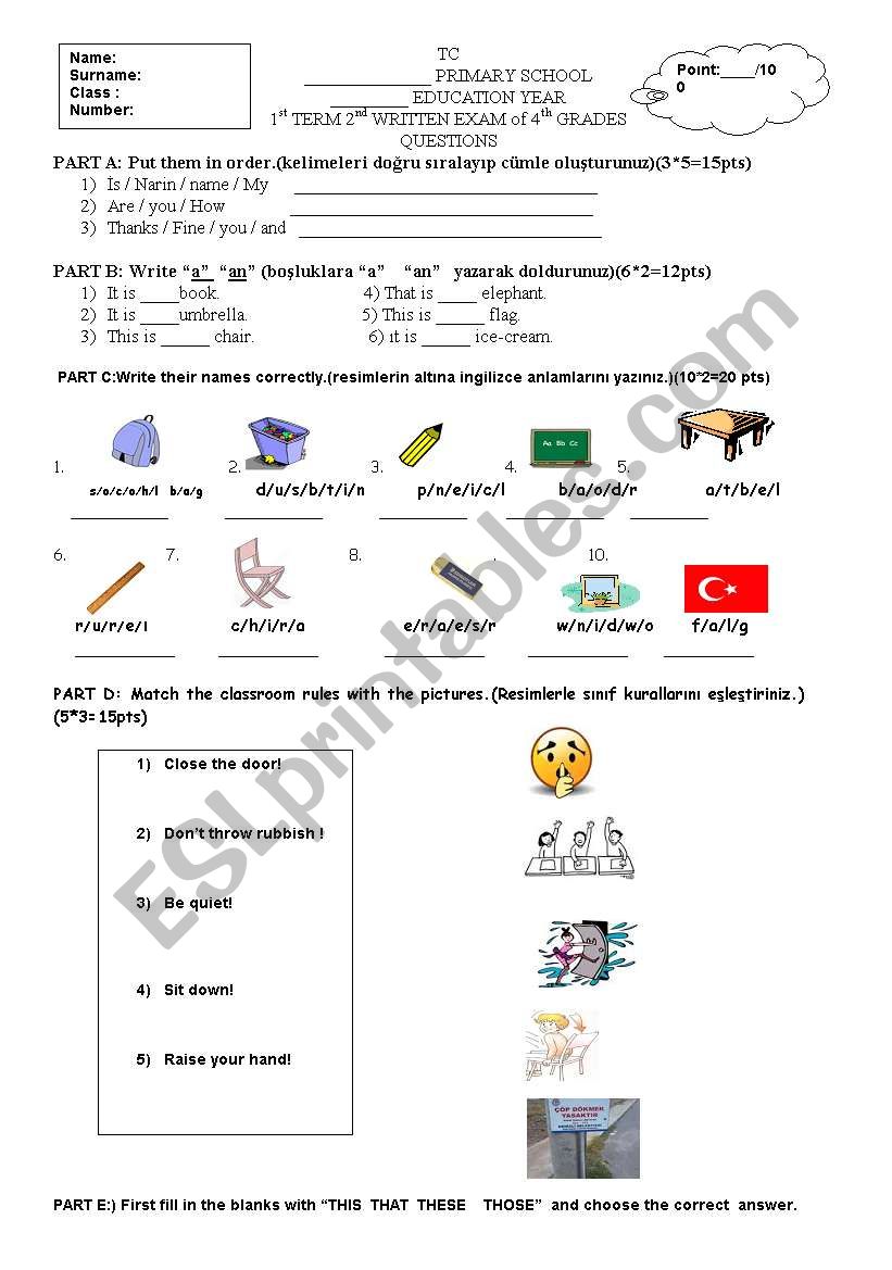 exam for the 4th grades worksheet