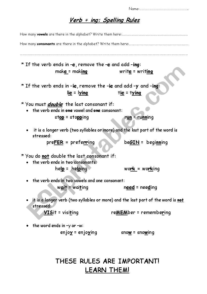 Gerund Spelling Rules worksheet