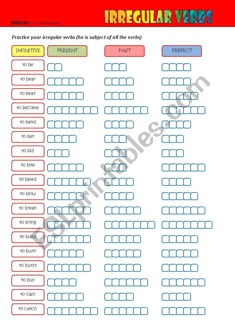 Irregular Verbs (be-catch) worksheet