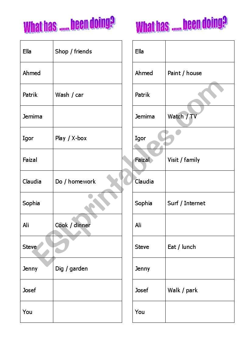 Present perfect continuous -  jigsaw speaking exercise