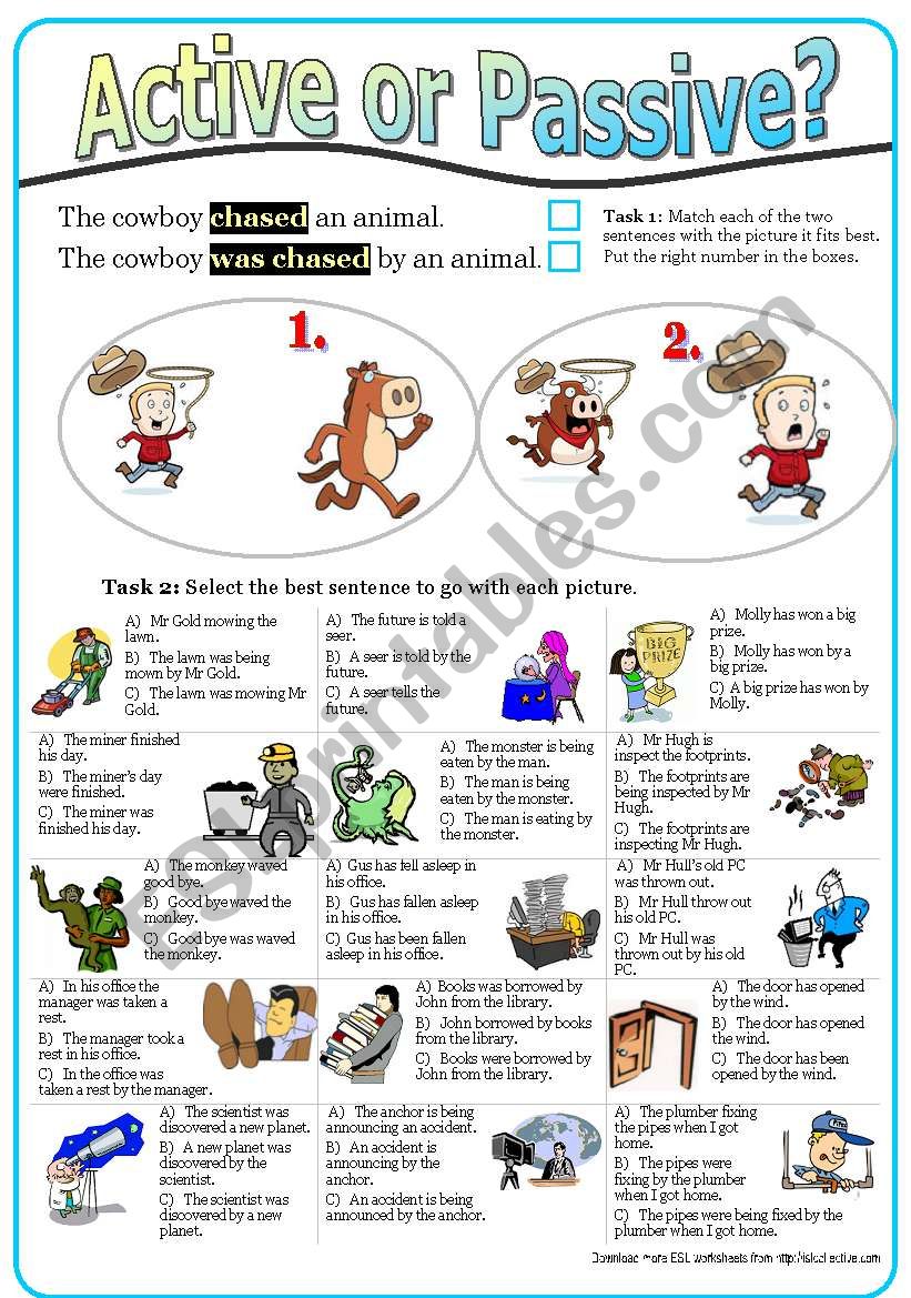 Active or Passive? (5) Multiple choice exercises (with KEY) in mixed tenses