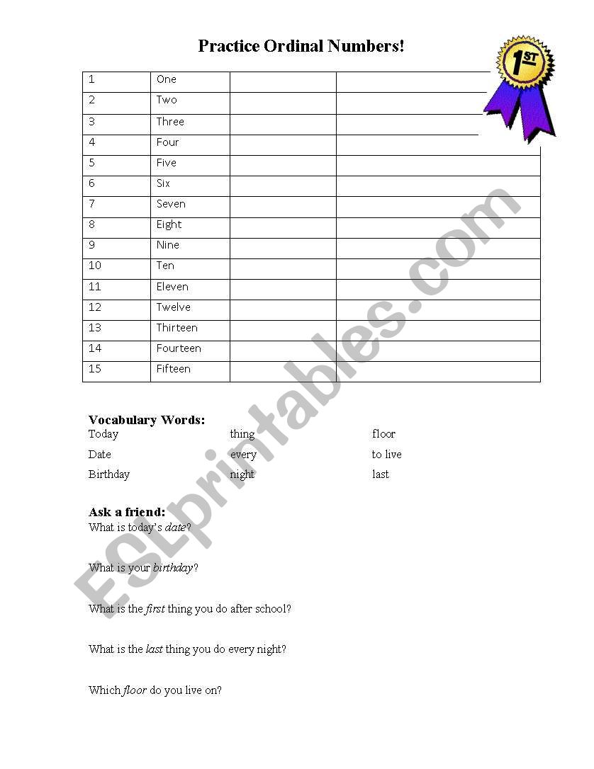 Practice Ordinal Numbers worksheet