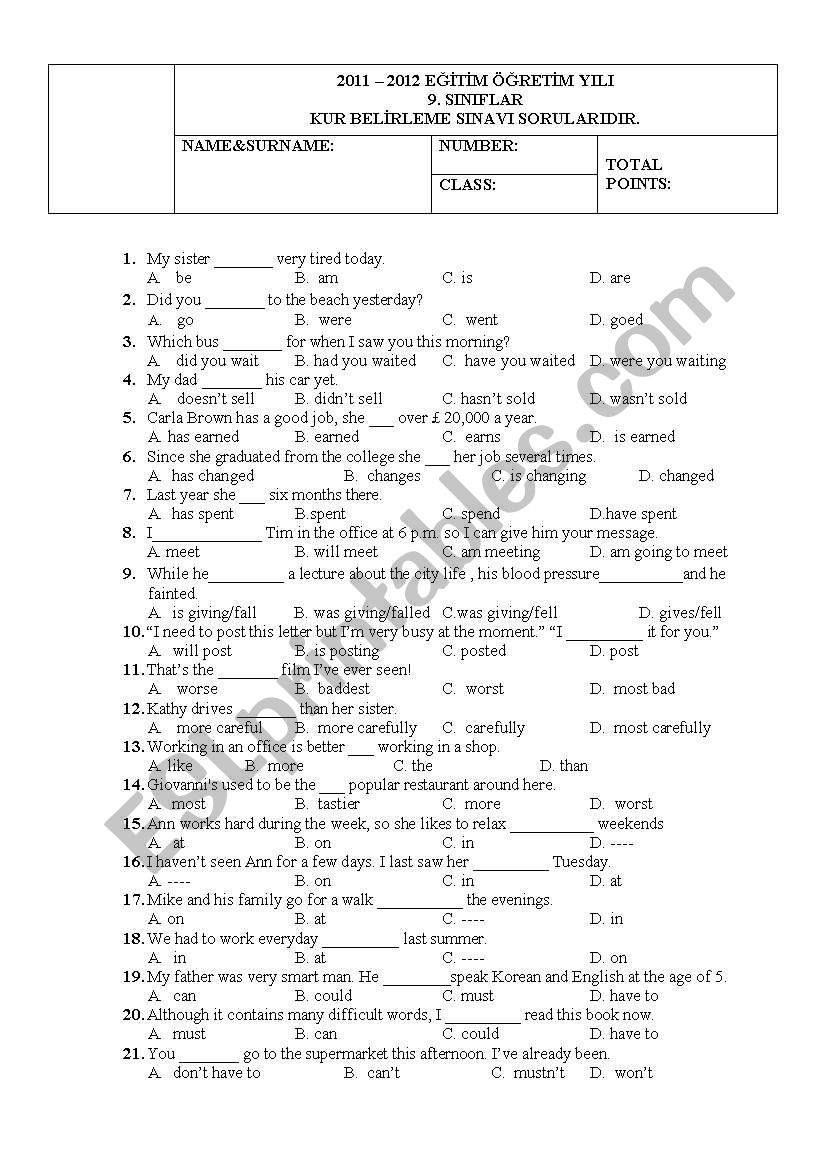 A2 Level Placement Test worksheet