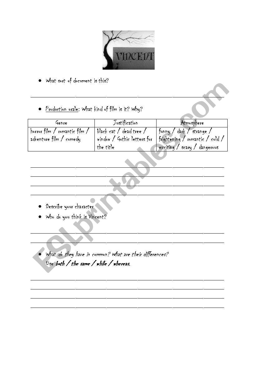 Vincent by Tim Burton worksheet