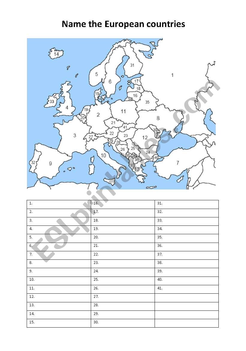 Name the European countries worksheet