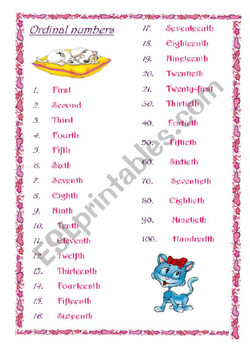 ordinal numbers worksheet