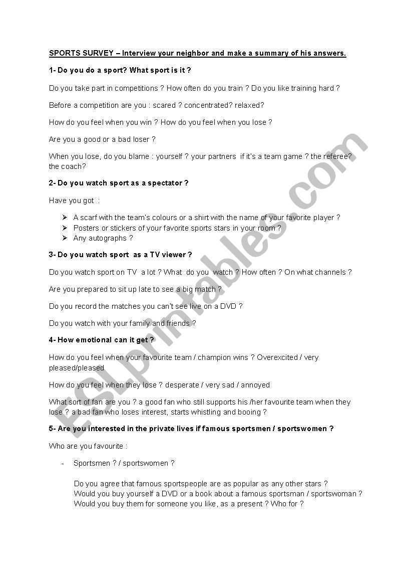 sports survey worksheet