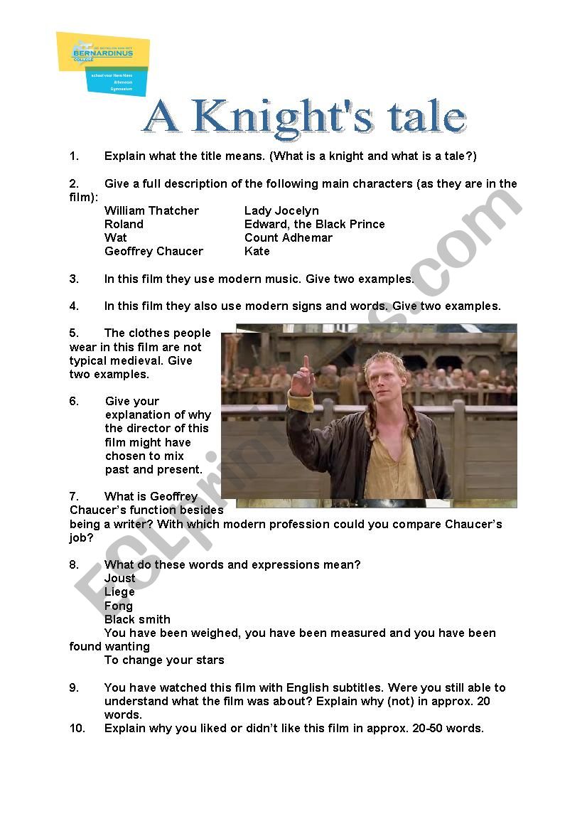 Worksheet for the film a Knights Tale (& Terry Joness Medieval Lives)
