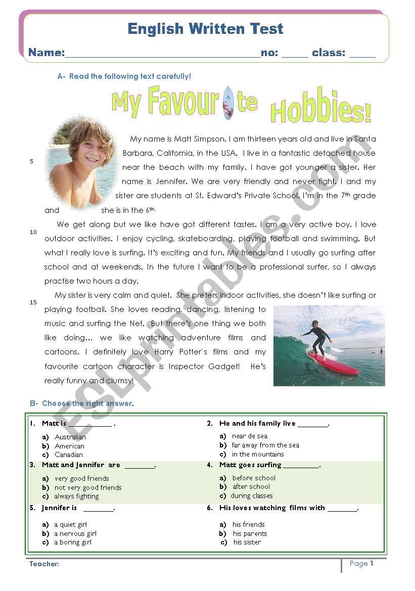 My Favourite Hobbies worksheet