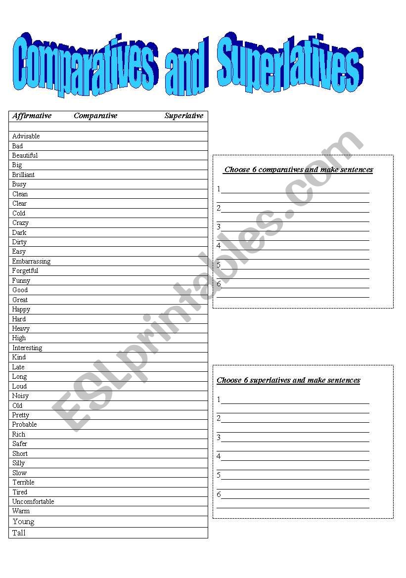 Comparatives and superlatives worksheet