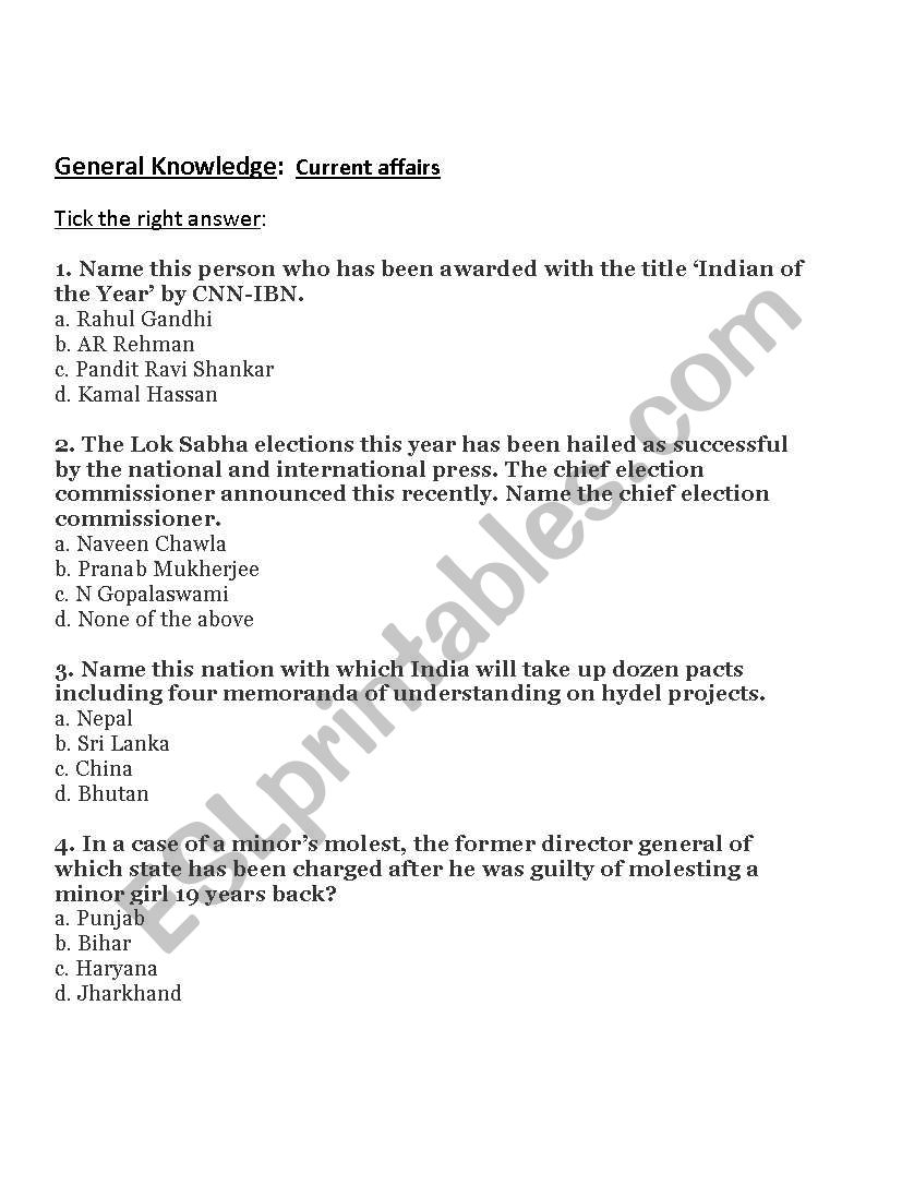General knowledge worksheet