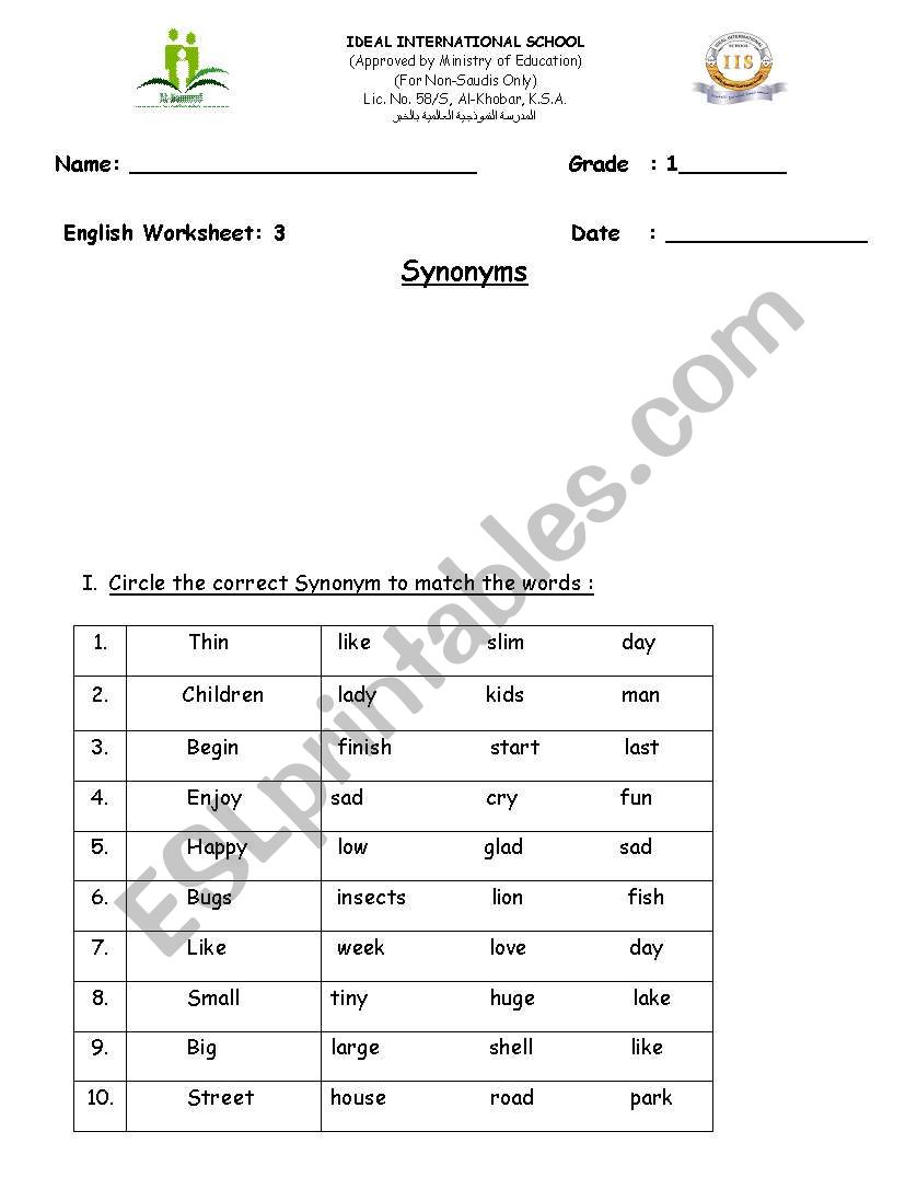 Synonym worksheet