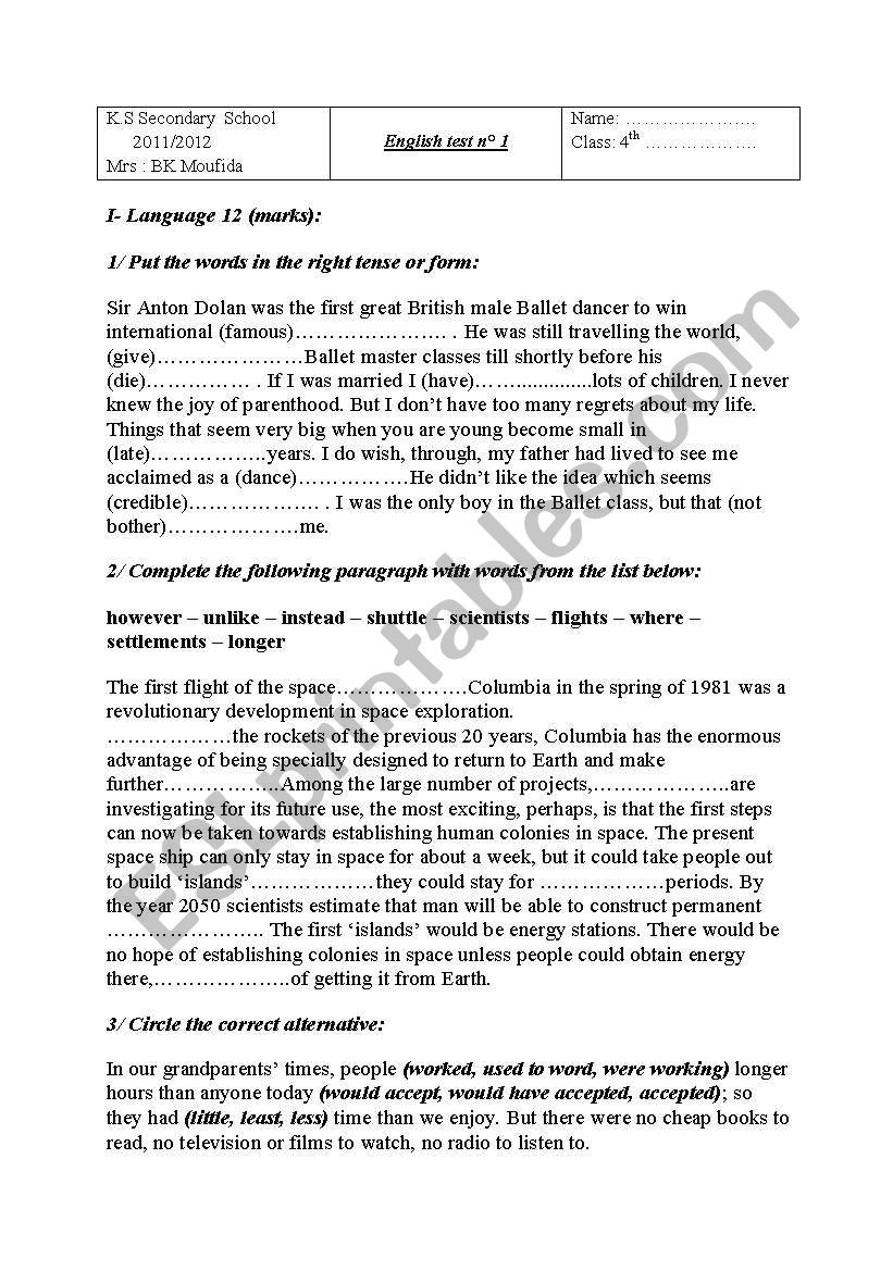 English Test 4th Form  worksheet