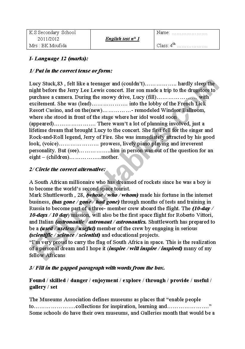 English Test 4th Form  worksheet