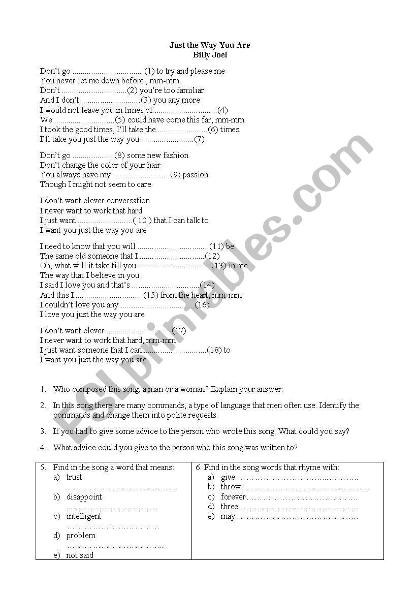 Song: Just the way you are worksheet