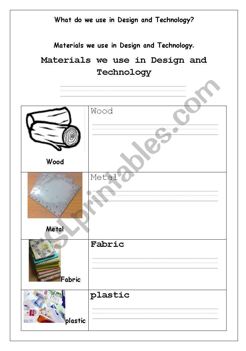 Different types of materials worksheet