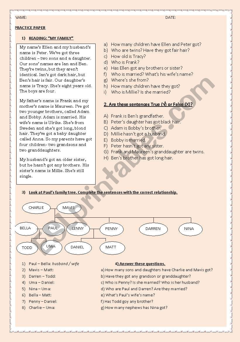 FAMILY worksheet