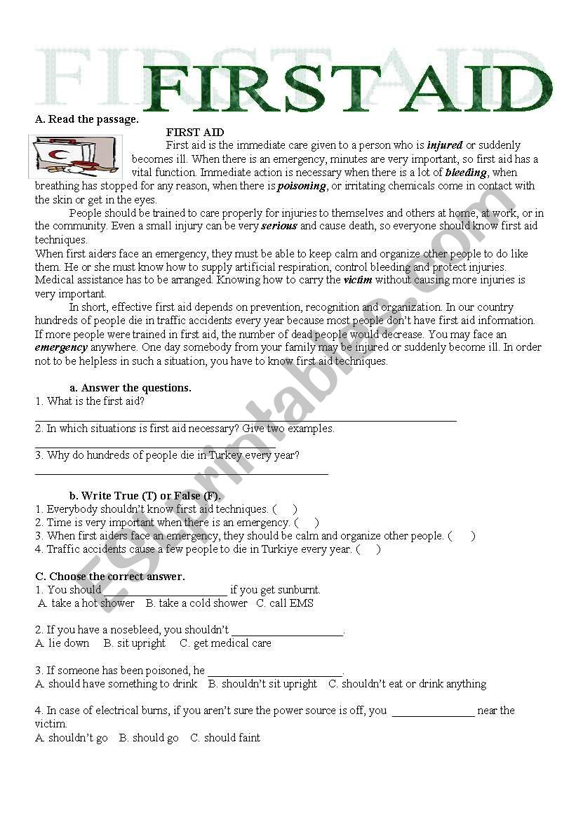 First Aid Reading&Practice worksheet