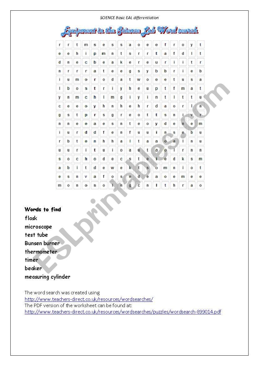 Equipment in the Science Lab worksheet