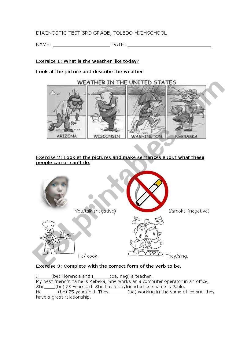 worksheet about weather, can or cant and verb to be