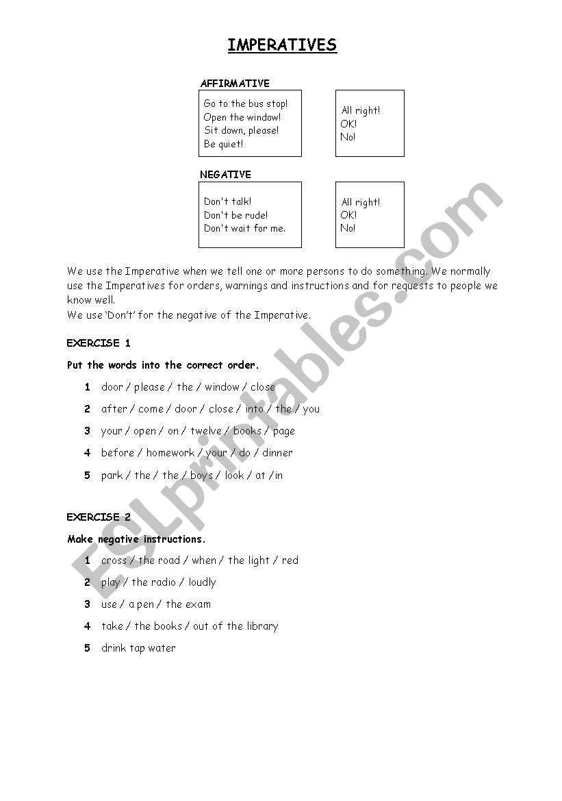 Imperatives / Can, Cant worksheet