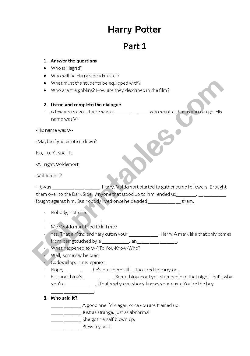 Harry Potter Part 1 worksheet