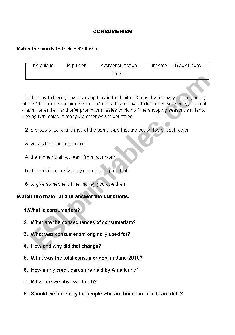 consumerism worksheet