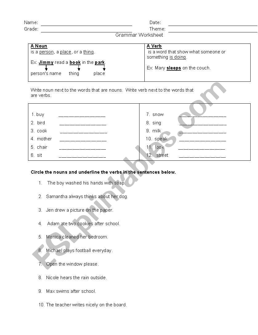 Nouns, verbs worksheet