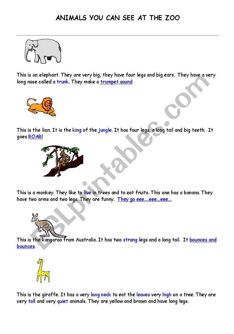 Animals you can se at the Zoo worksheet