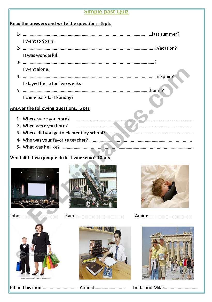 Quiz simple past worksheet