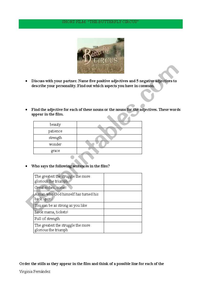 THE BUTTERFLY CIRCUS worksheet