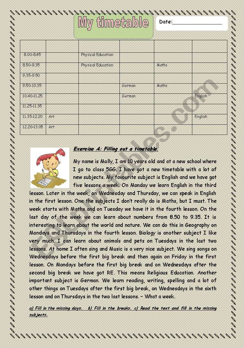 Timetable  worksheet