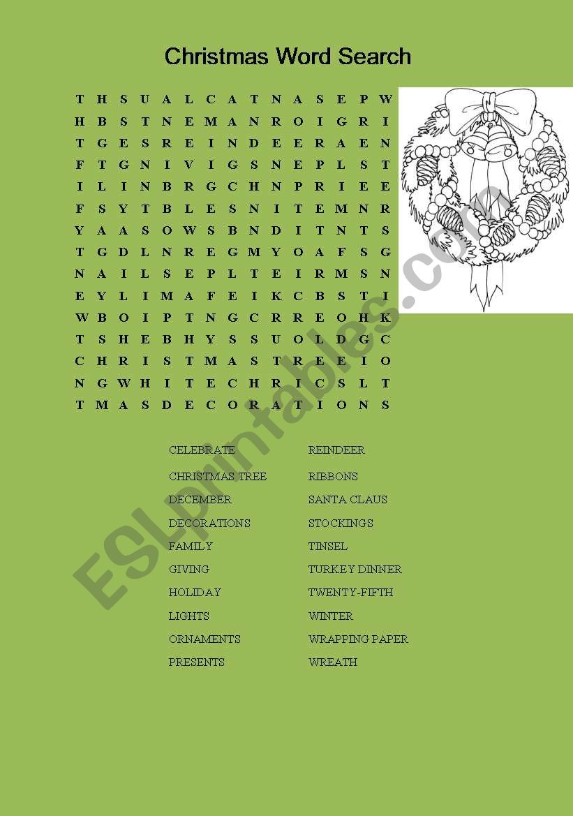 Christmas wordsearch worksheet