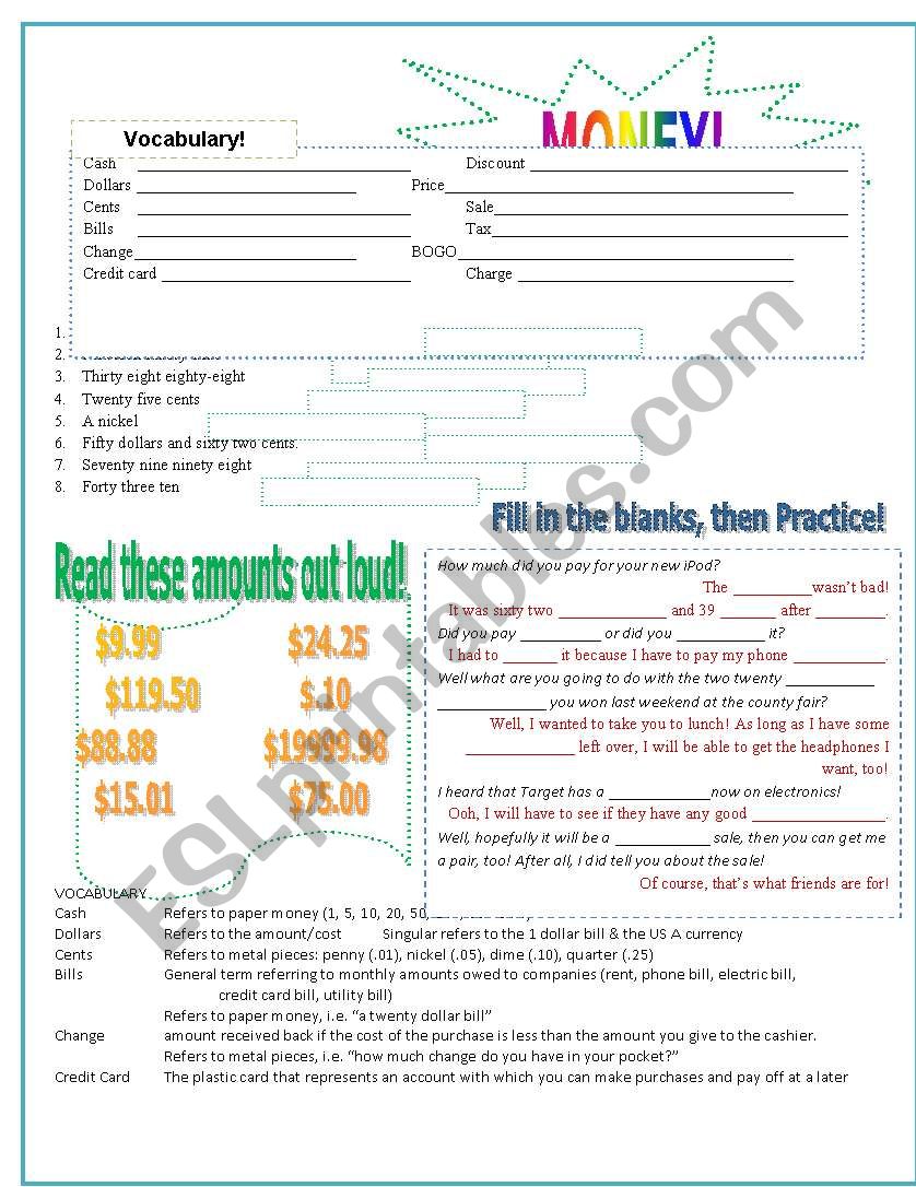 Money Vocab & Conversations! worksheet