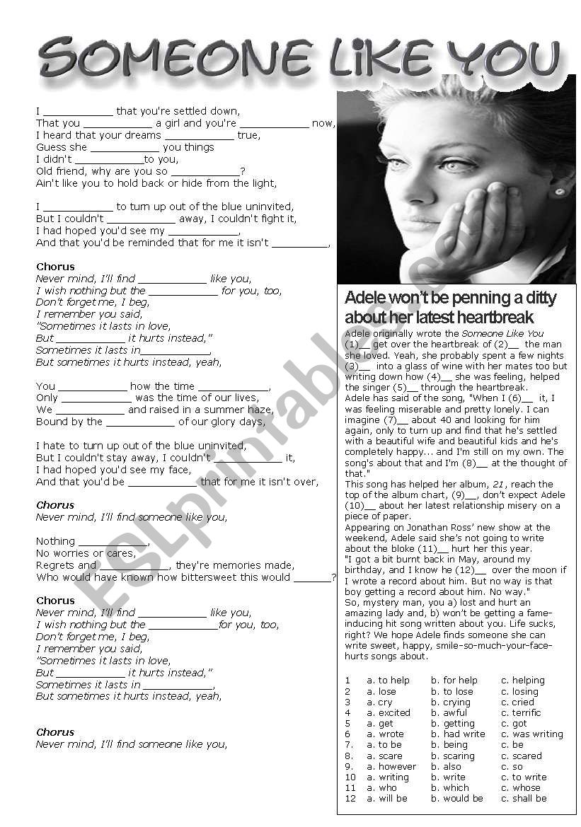 Someone Like You Esl Worksheet By Cris M